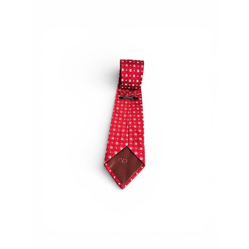 Valentino 100% Silk Tie Red White Geometric Square Grid Italy Classic Luxury - Picture 5 of 5